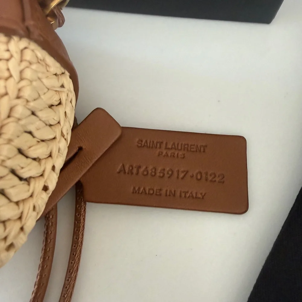 Saint Laurent Tan and Natural Raffia Round Crossbody Bag, never used.